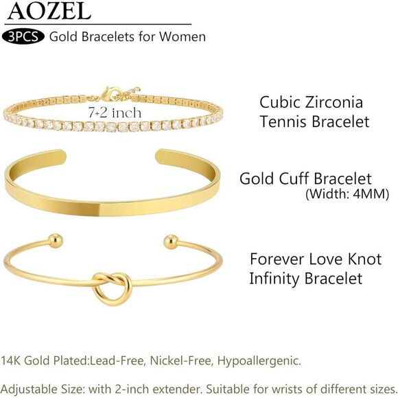 14K Real Gold-B Plated Bangle Cuff Non Tarnish Trendy Stack Bracelets for Women - Picture 2 of 6